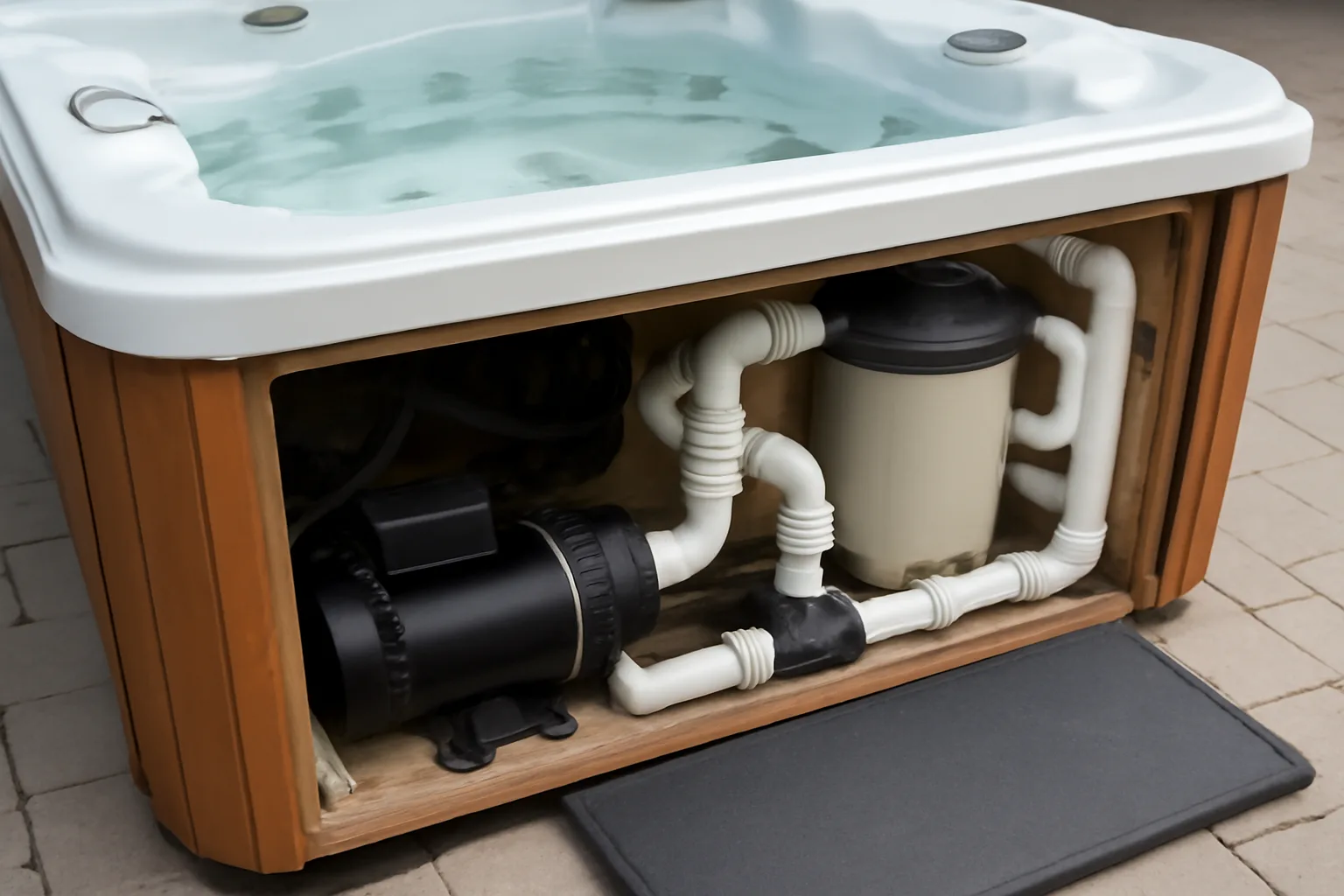 Hot tub pump and filter equipment panel