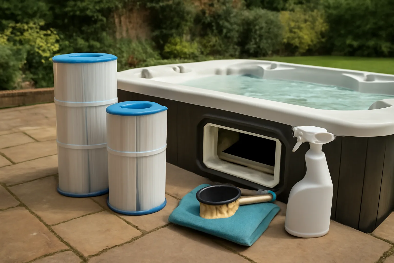 Hot tub filter cartridges ready for cleaning beside the tub