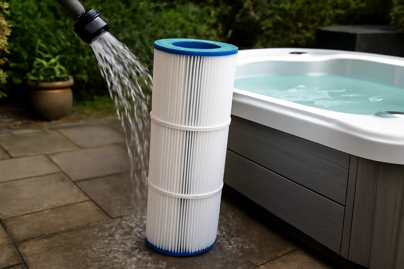 Hot tub filter cartridge being rinsed to prevent foamy water