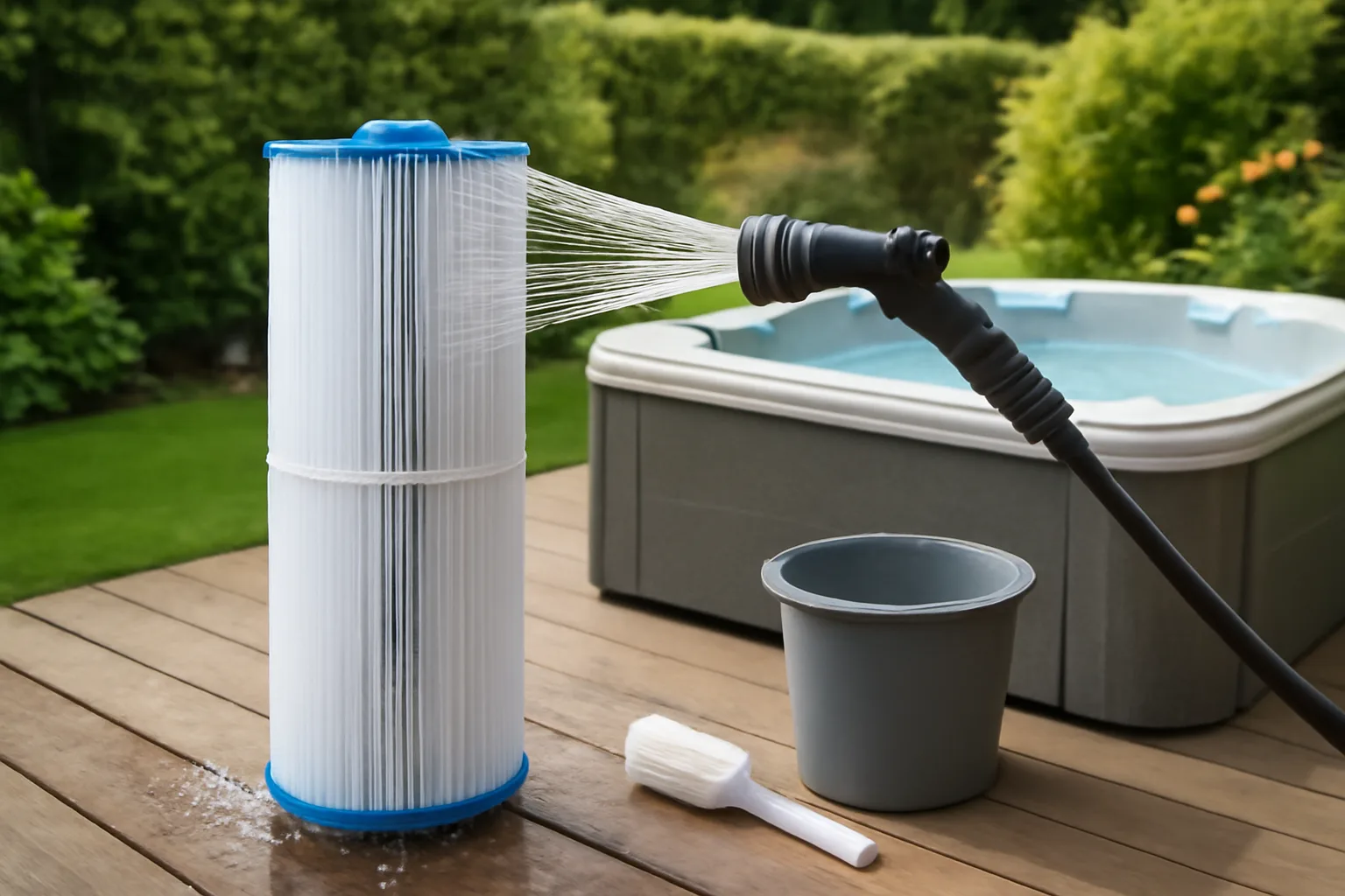 Hot tub filter cartridge rinsed beside an outdoor spa