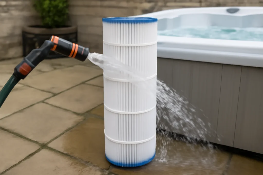 Hot tub water test strip and checklist for a weekly care schedule