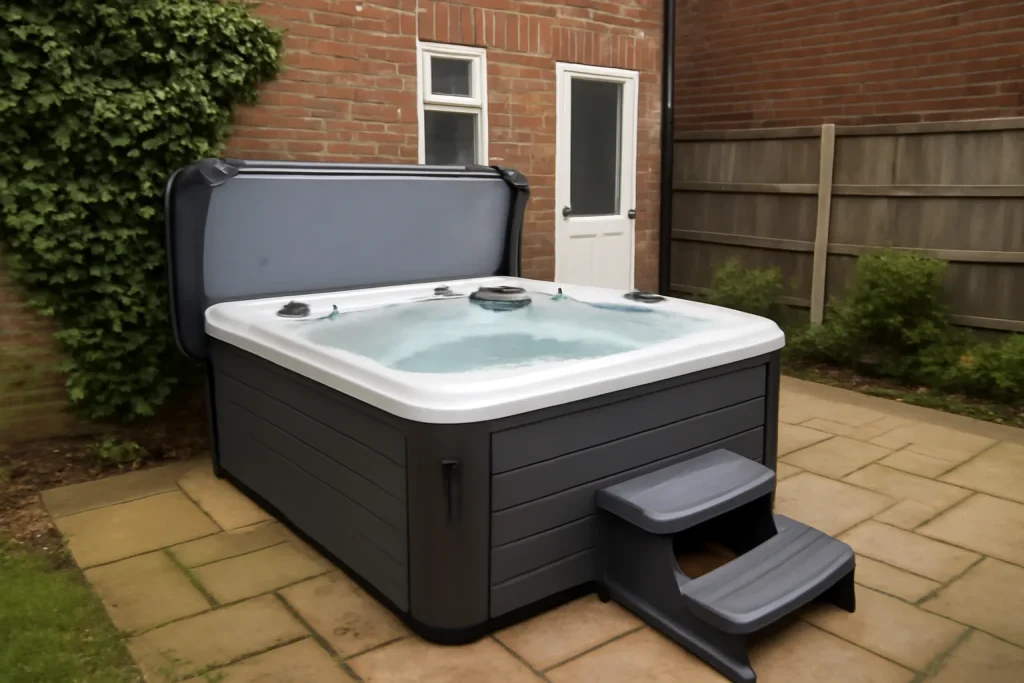 Hot tub in a UK-style garden patio for finance planning