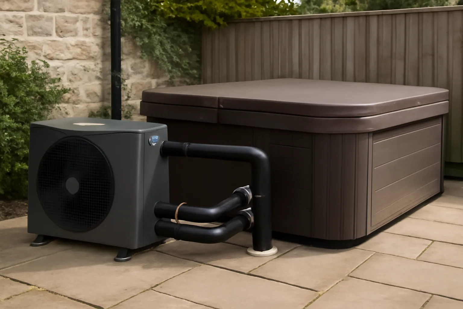 Hot tub heat pump equipment beside an outdoor spa