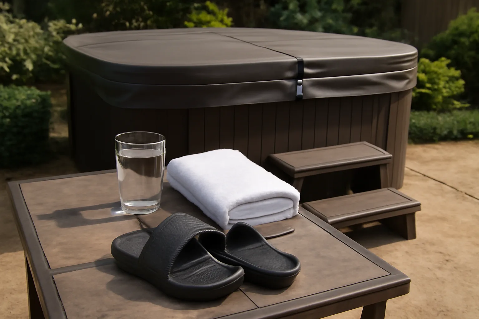 Water and towel beside a hot tub for safer soaking