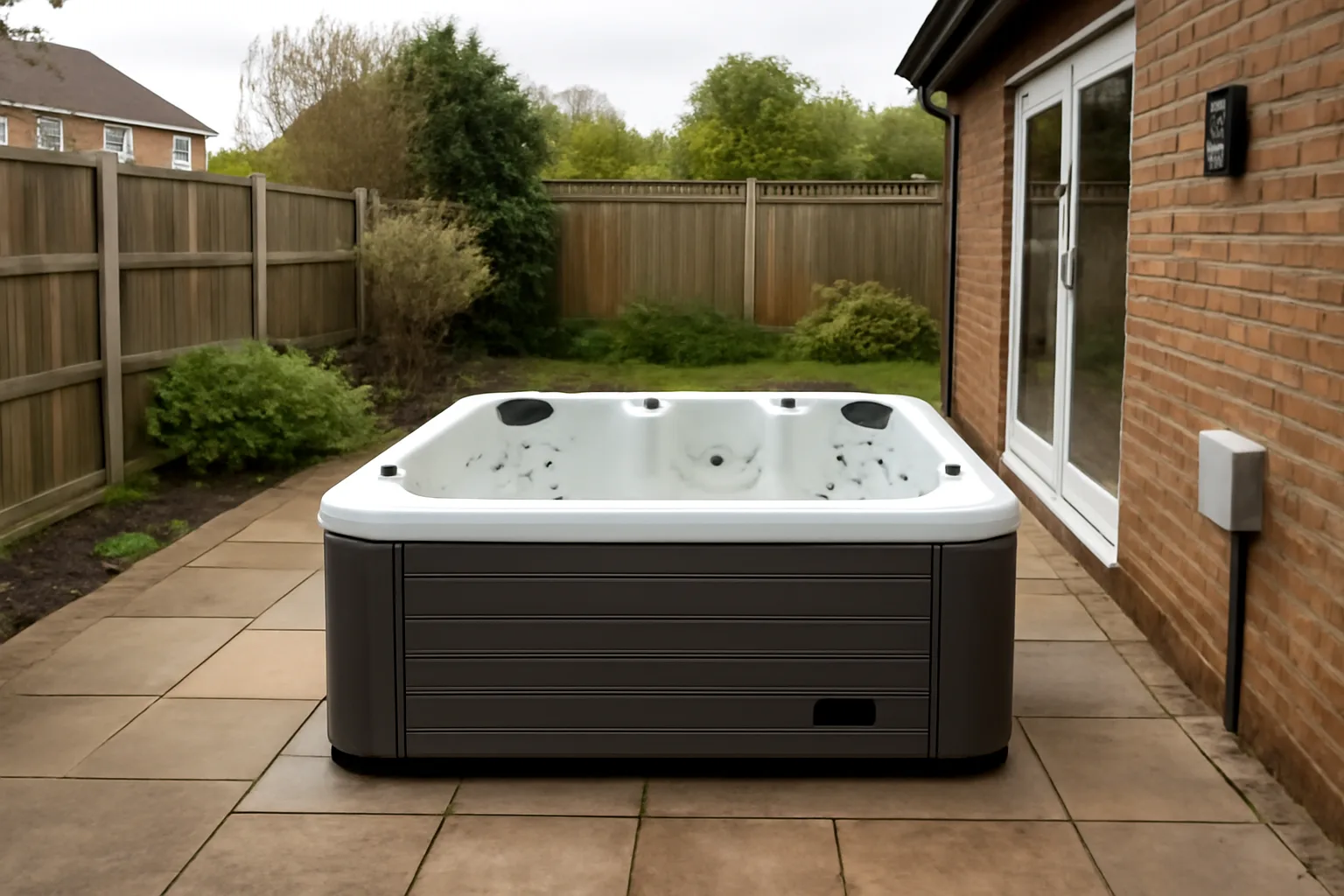 Hot tub installed on a garden patio with access space around it