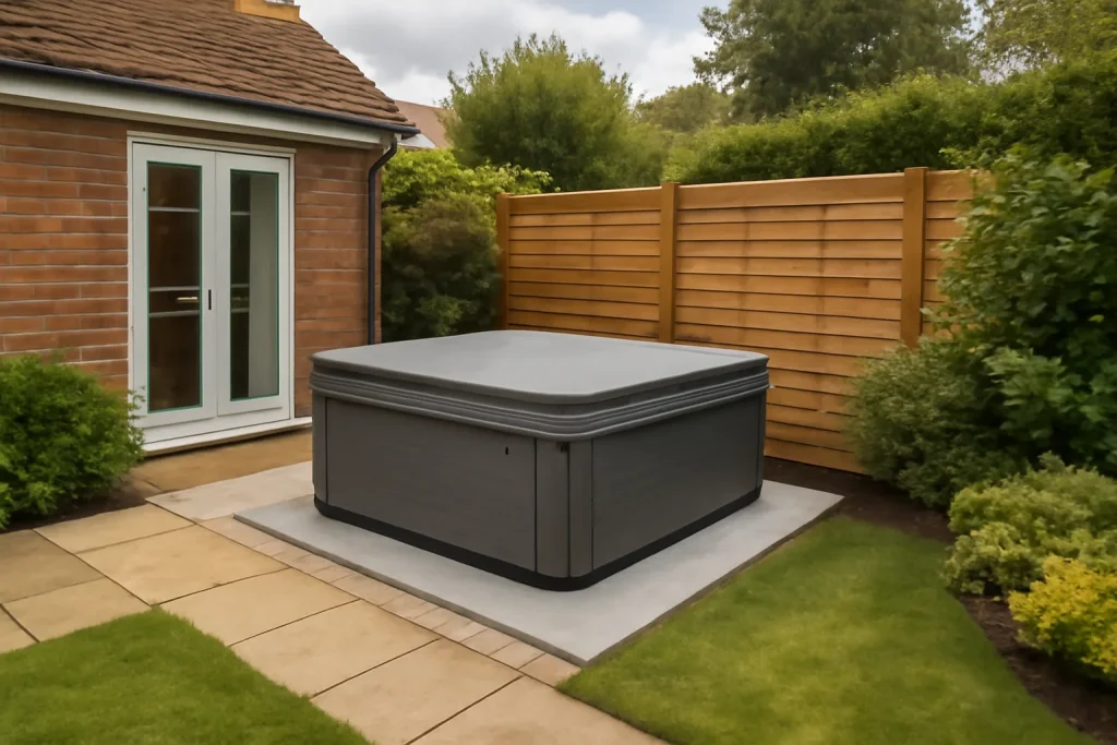 Hot tub installed on a prepared UK garden base with privacy screen