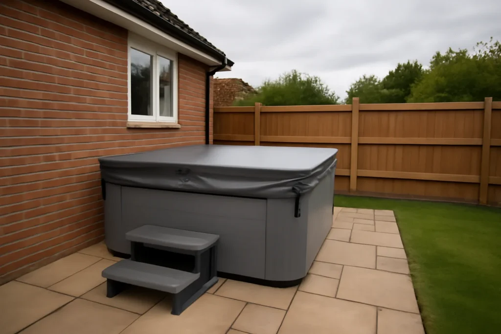 Covered garden hot tub on a patio for insurance checks