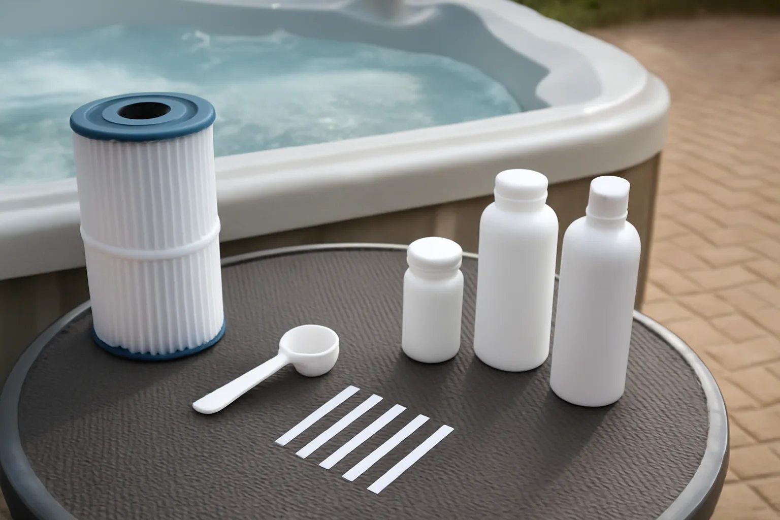 Hot tub filter cartridge being rinsed during weekly maintenance