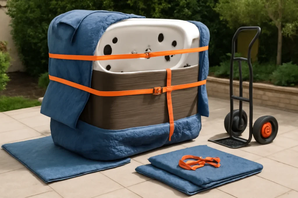 Hot tub prepared with straps and blankets for safe transport