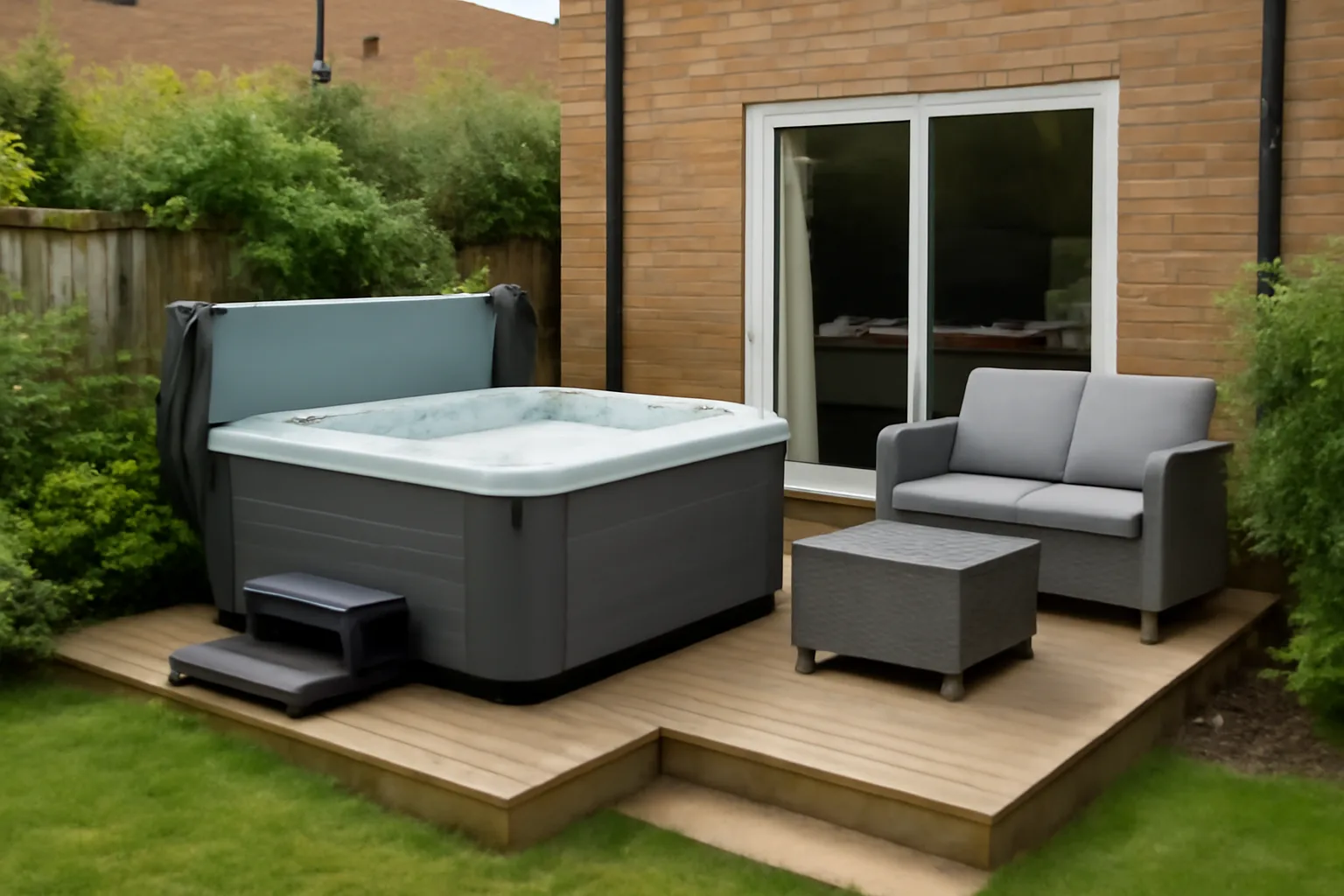 Outdoor hot tub on a garden deck for comparing payment options