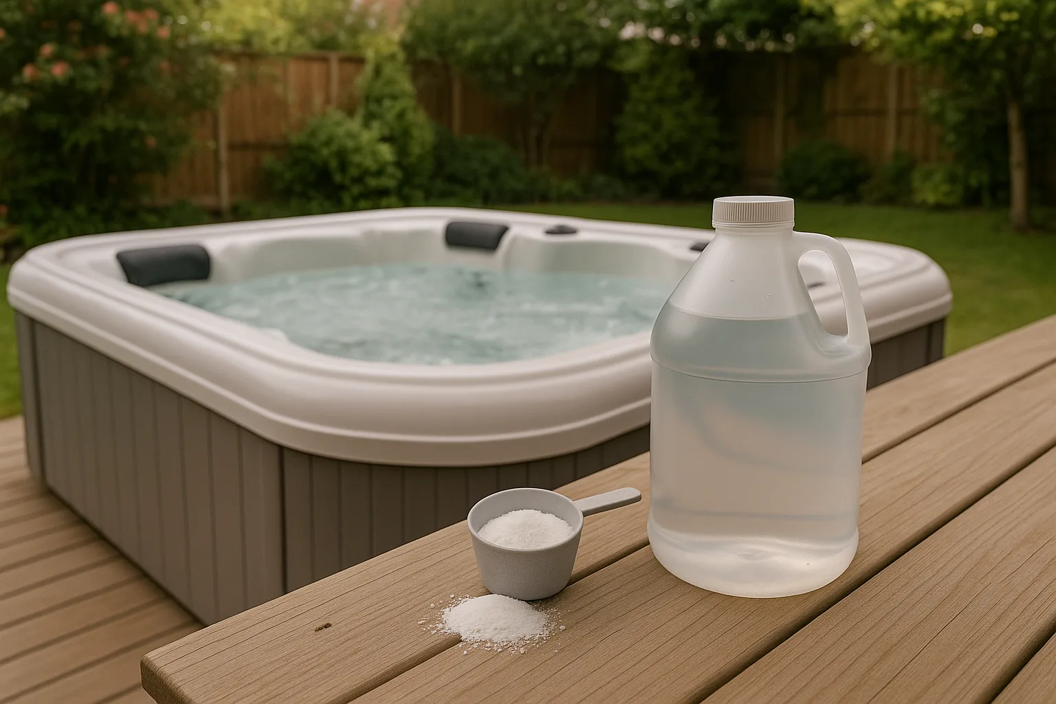 Measured hot tub pH Plus dose beside water jug and spa