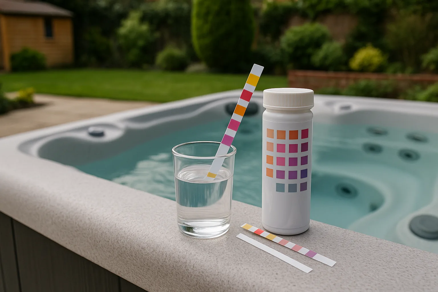 Hot tub pH test strip beside water sample and spa