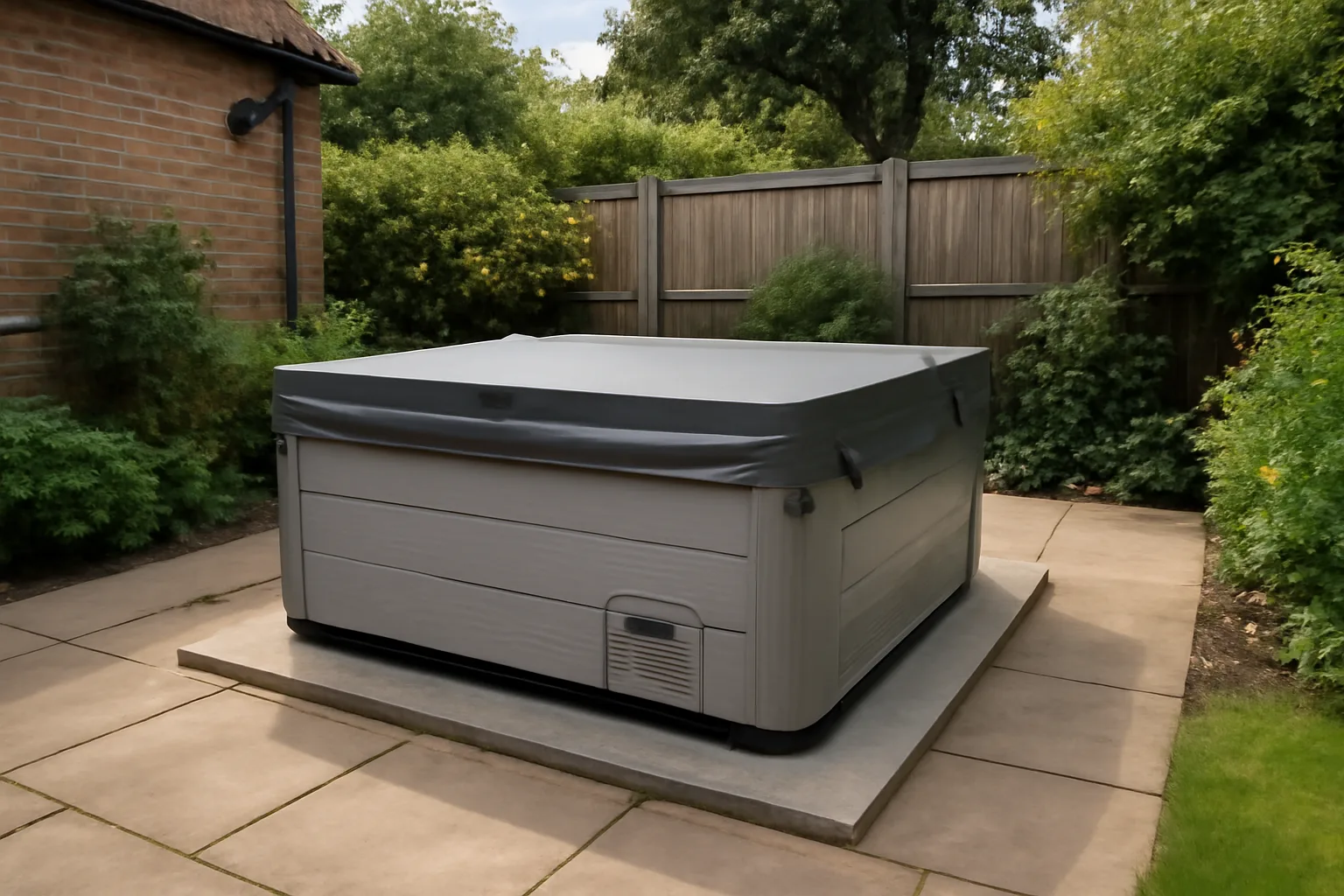Hard shell hot tub positioned on a level garden patio
