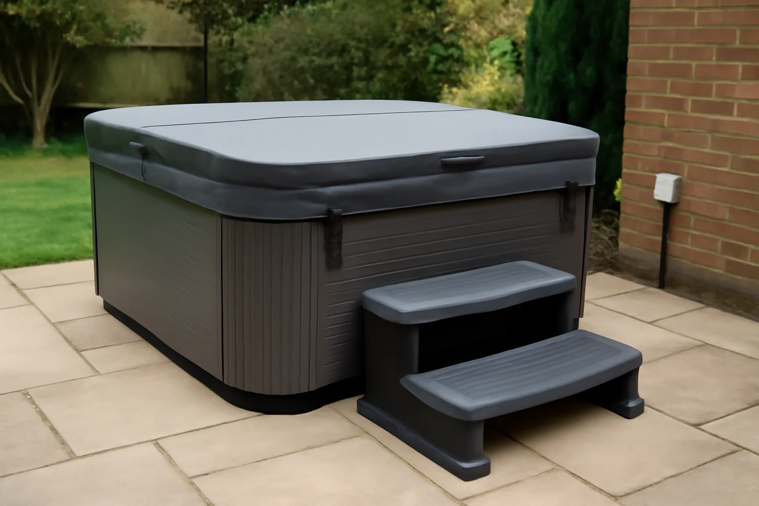 Covered hot tub with non-slip steps and safe outdoor socket