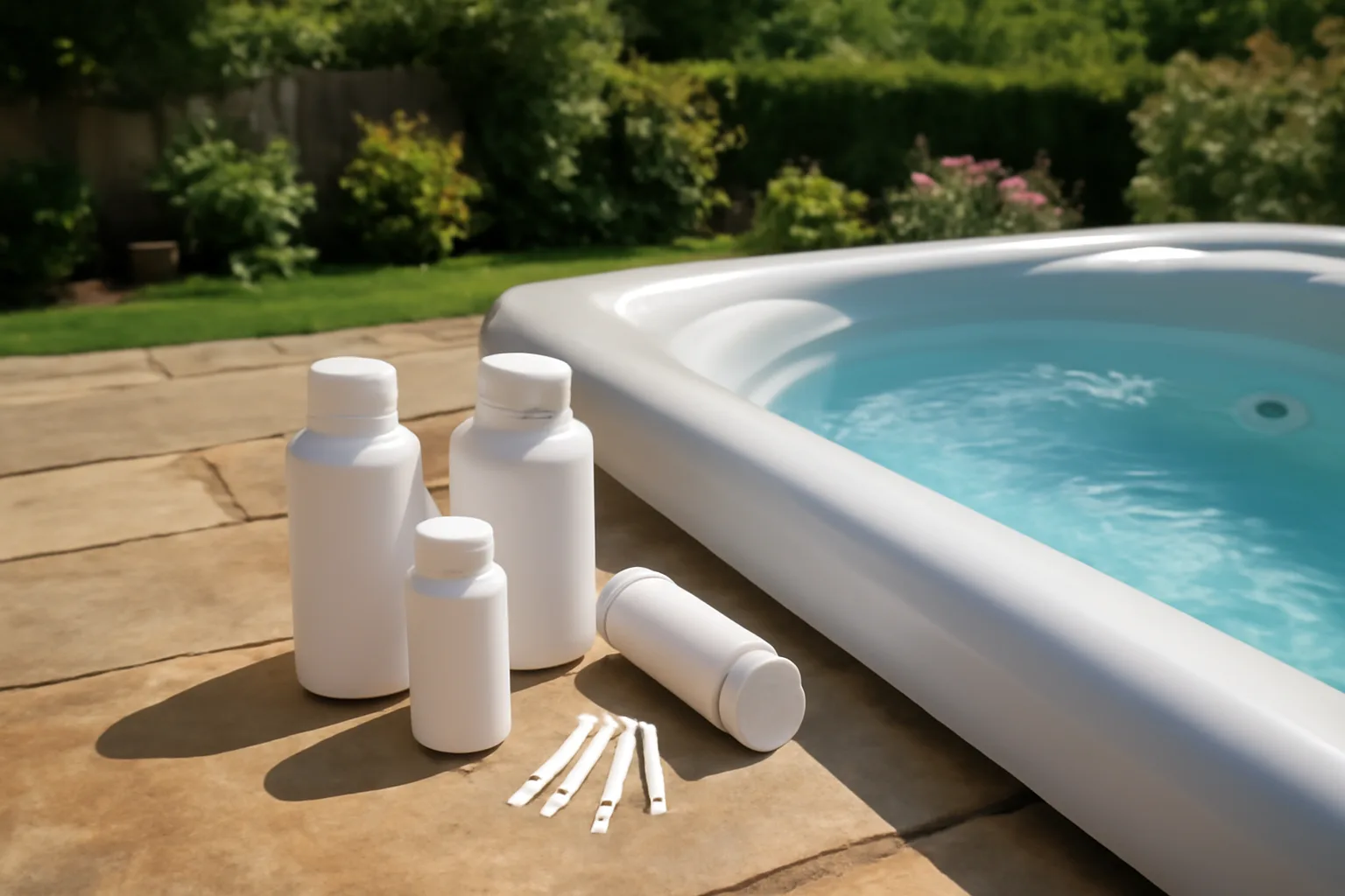 Hot tub test strips and unbranded chemicals for foam checks
