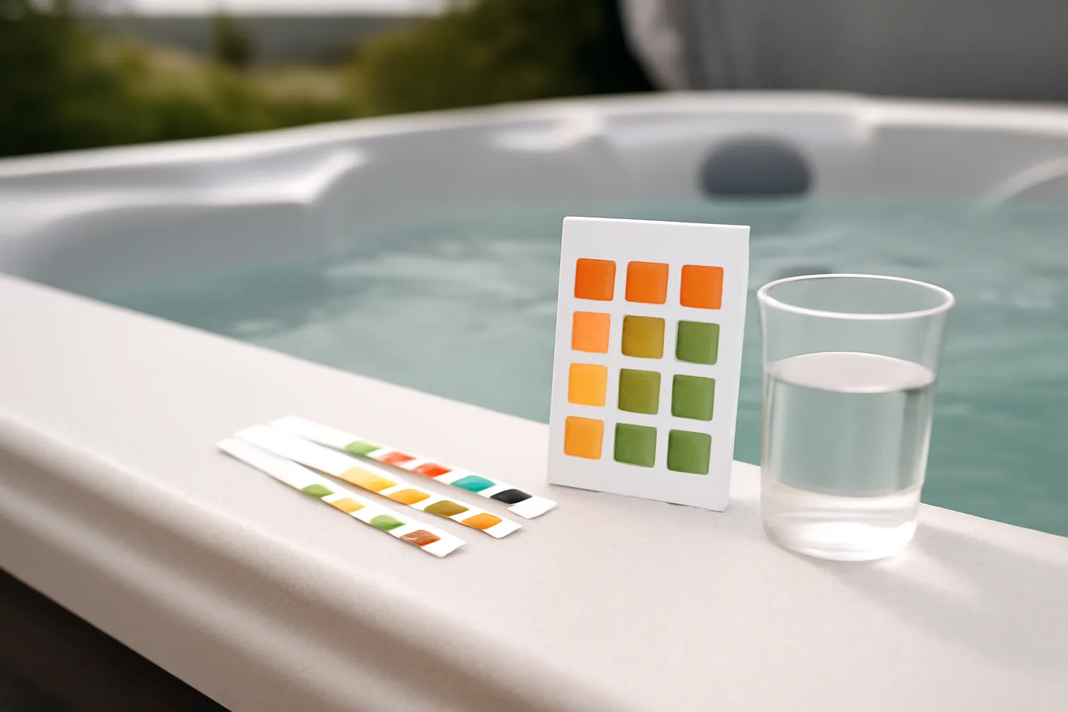 Hot tub test strips and colour chart beside spa water