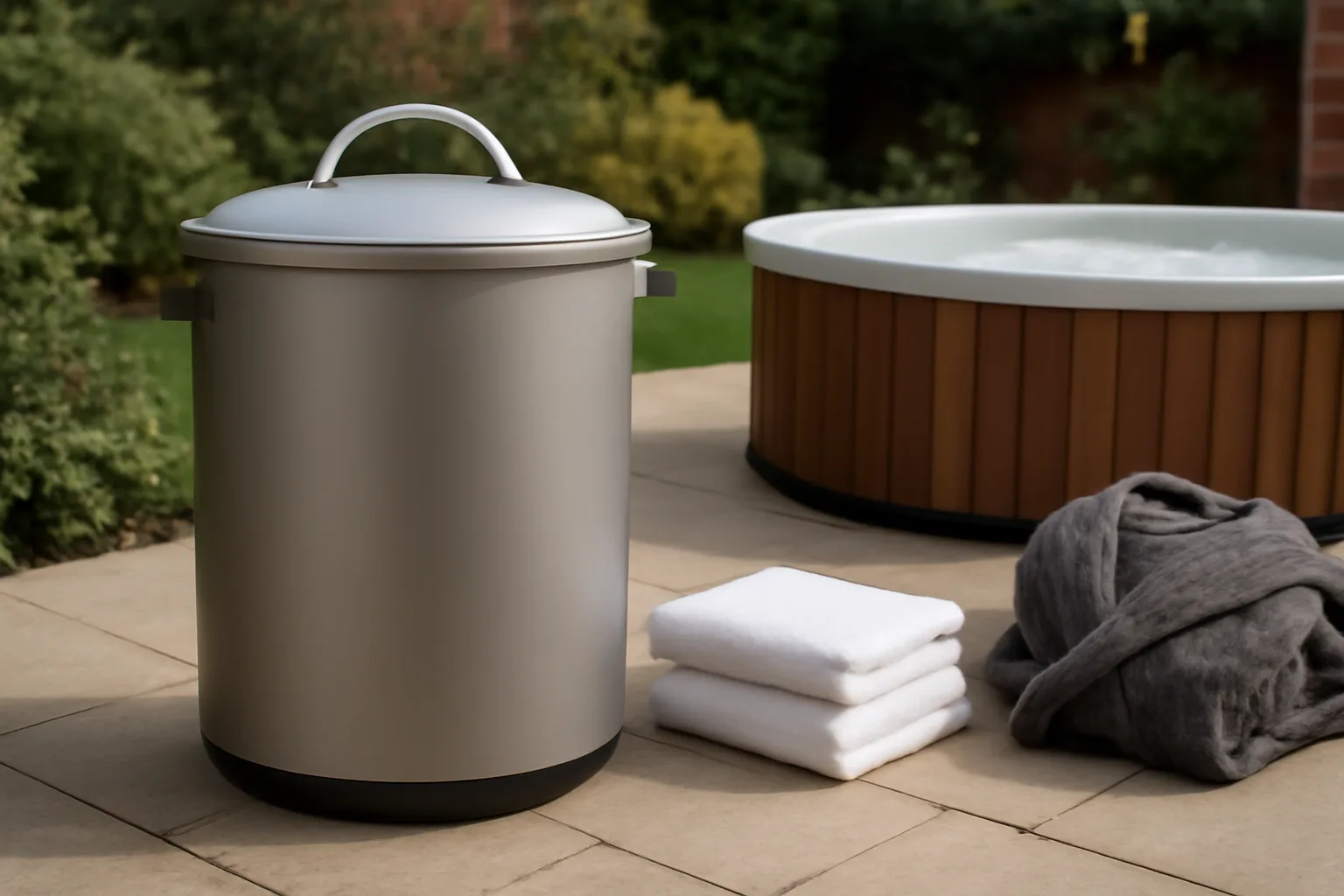 Bucket-style towel warmer beside a hot tub with towels and robe