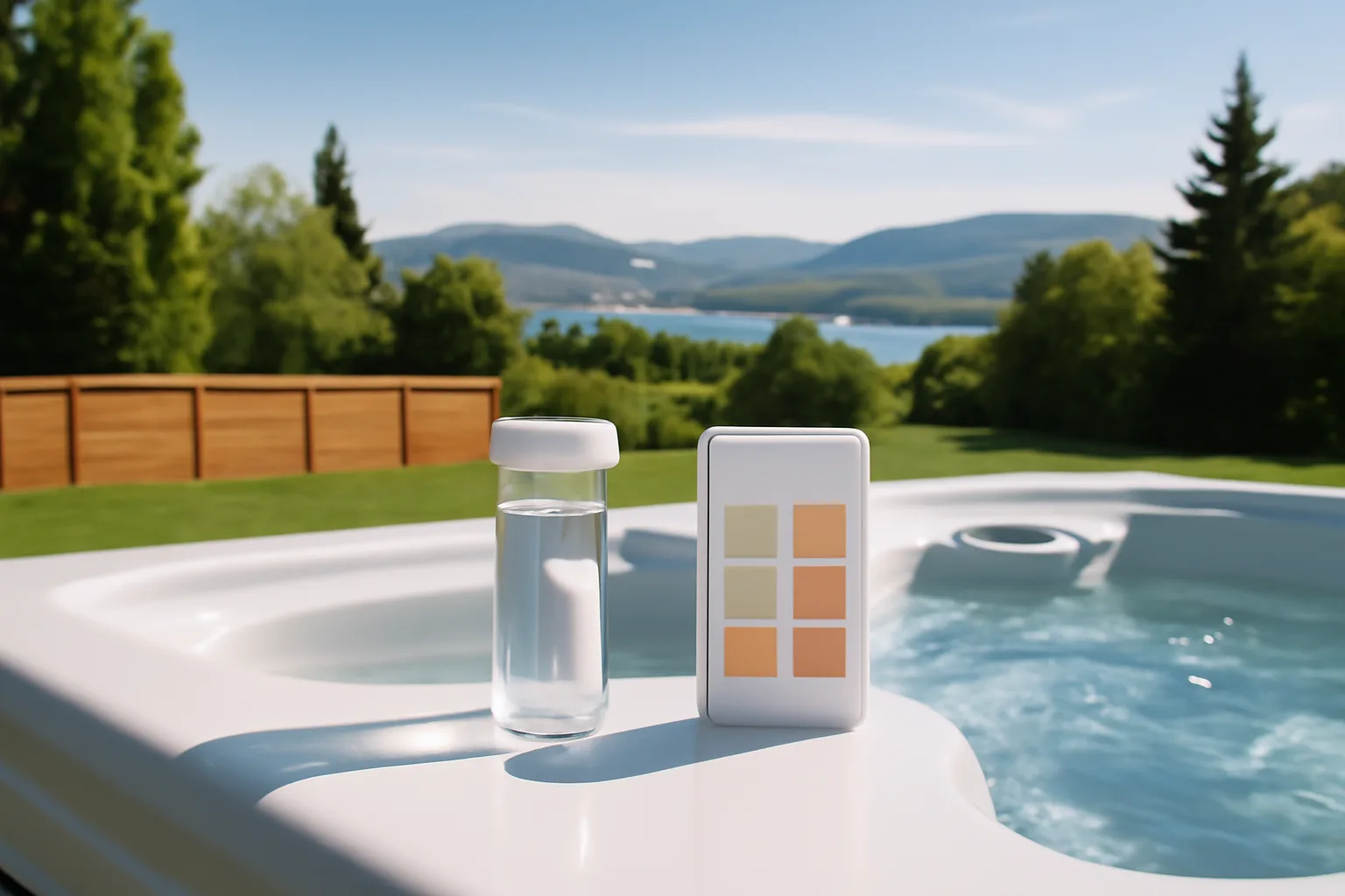 Unbranded hot tub water test kit beside clear spa water