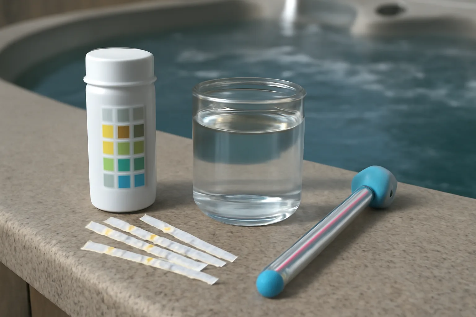 Hot tub test strips and thermometer for water safety checks