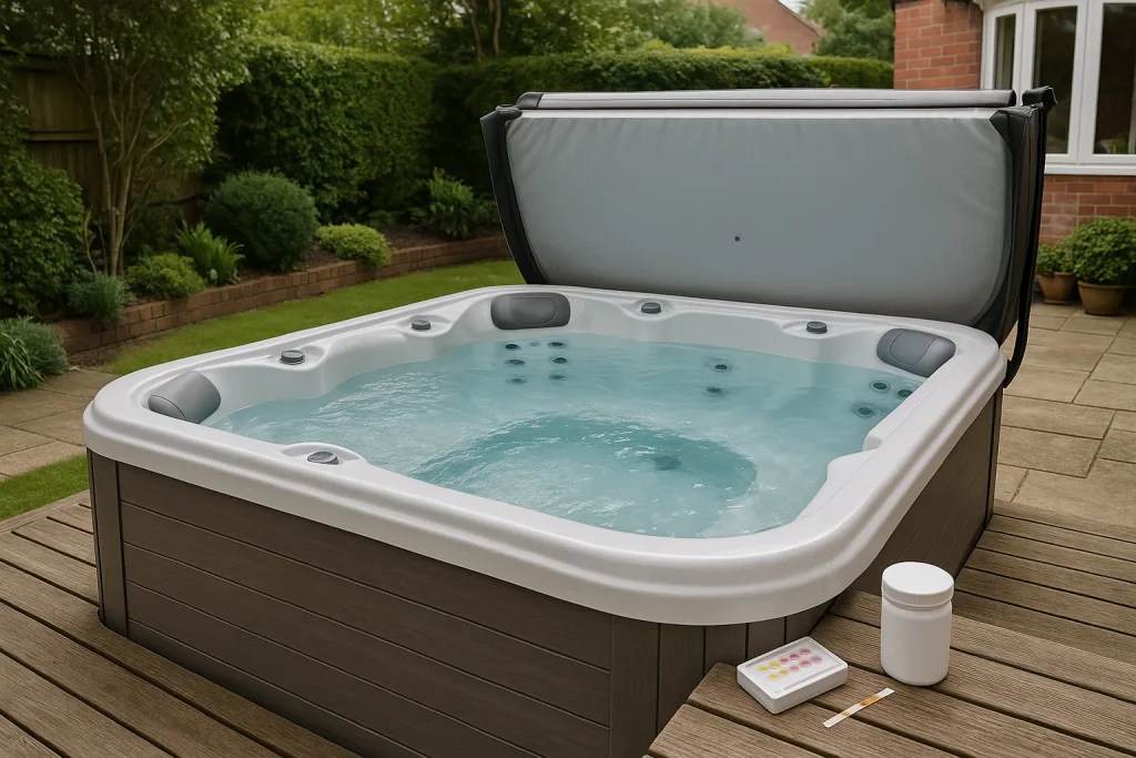 Hot tub pH testing kit beside clear garden spa water