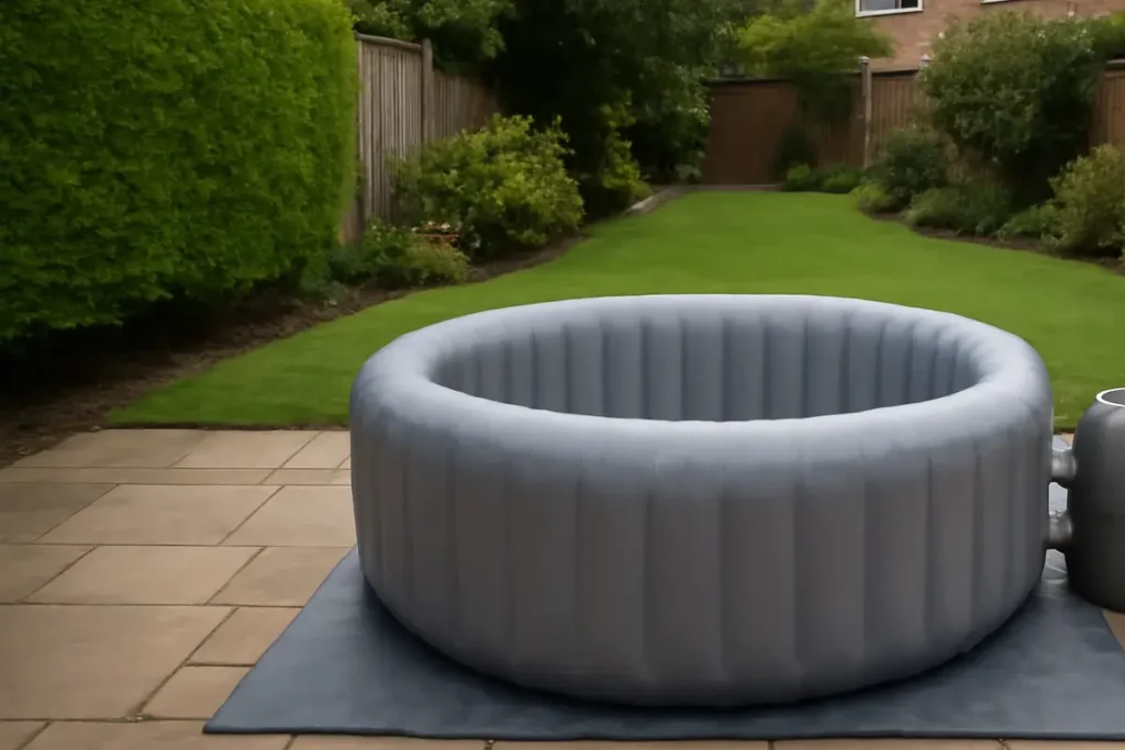 Inflatable hot tub set up on a UK garden patio