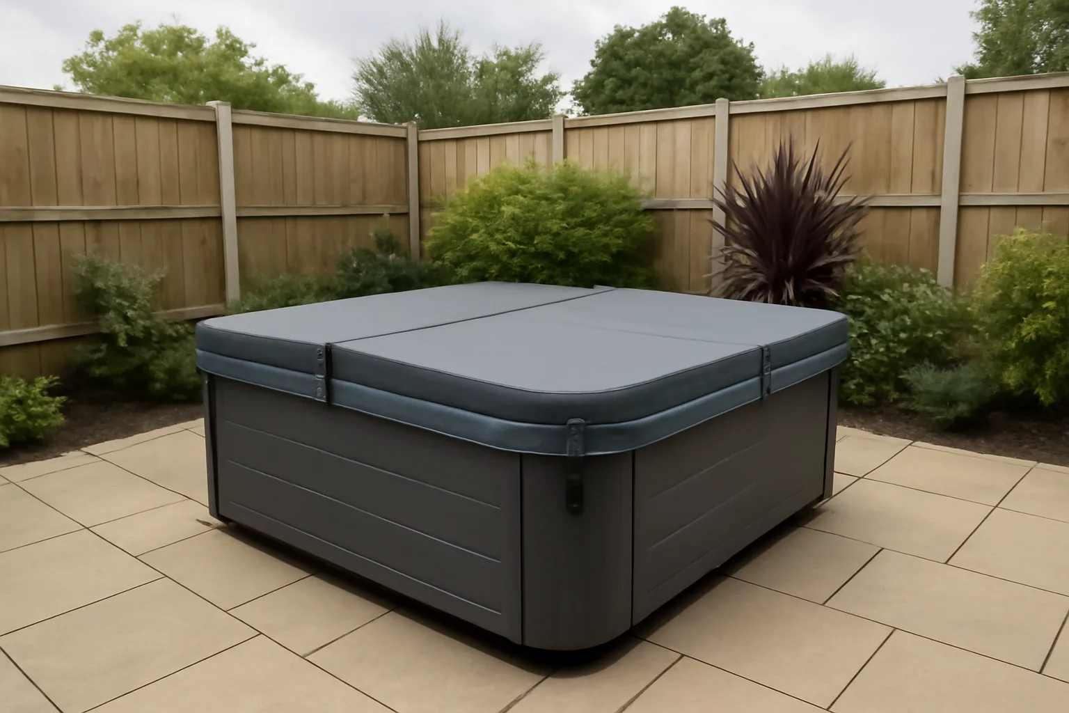 Insulated hot tub cover closed to reduce electricity usage